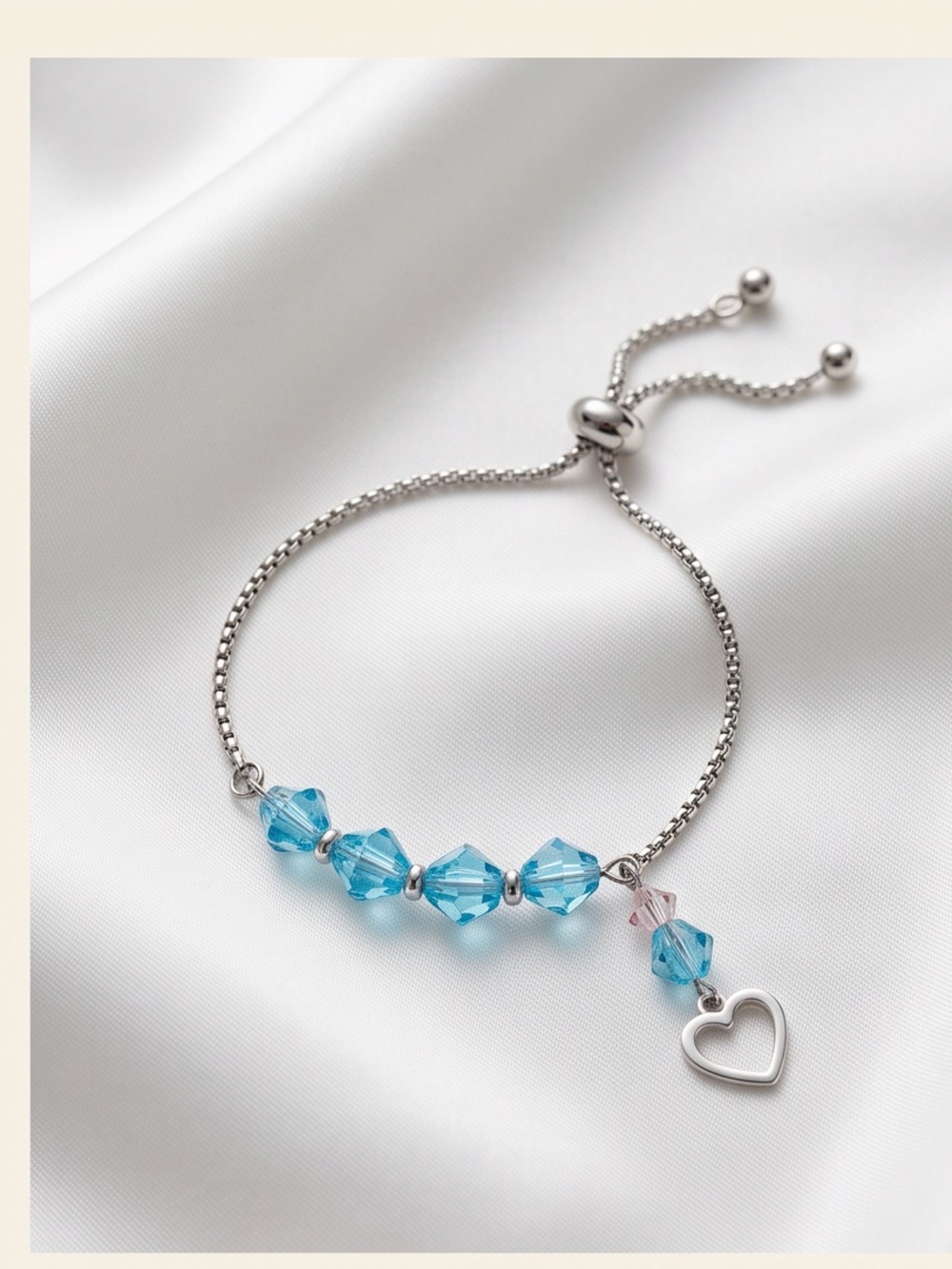 Silver Heart Adjustable Bracelet with Blue Crystal Beads